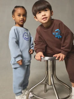 Next Marron et Bleu chocolat - Ensemble sweat et Joggings imprimé à Col rond (3mois-7ans) Outlet