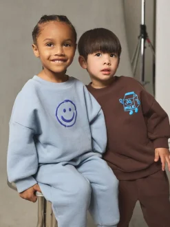 Next Marron et Bleu chocolat - Ensemble sweat et Joggings imprimé à Col rond (3mois-7ans) Outlet