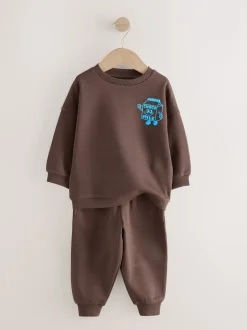 Next Marron et Bleu chocolat - Ensemble sweat et Joggings imprimé à Col rond (3mois-7ans) Outlet