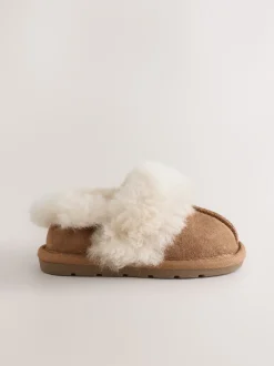 Next Marron fauve - Chaussons doublés en peau de mouton en daim New
