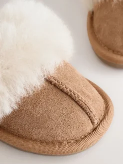 Next Marron fauve - Chaussons doublés en peau de mouton en daim New