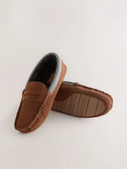 Next Marron fauve - Chaussons mocassins Signature en daim avec bordure en tissu Outlet