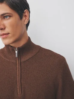 Next Marron fauve - Uni - Pull N.Premium Coupe classique en Coton riche à Texture haut de gamme à col zippé Best