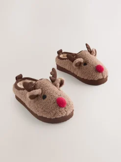 Next Marron motif renne - Mules chaussons confortables de Noël Outlet