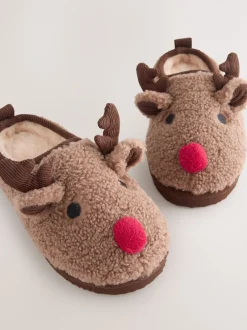 Next Marron motif renne - Mules chaussons confortables de Noël Outlet