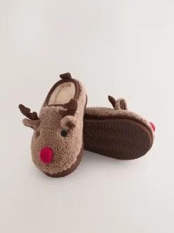 Next Marron motif renne - Mules chaussons confortables de Noël Outlet
