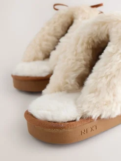 Next Marron noisette - Chaussons mules doublés de fausse fourrure en daim Stitch Sale