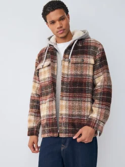 Next Marron rouille - Veste-chemise à carreaux à capuche doublée de peau de mouton Online