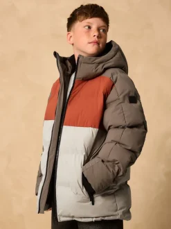 Next - Manteau rembourré doublé en micropolaire Résistant à la douche (3-17ans) Marron rouille color block Outlet