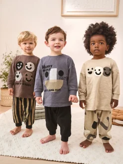 Next Marron/Crème heureux visage - Lot de 3 pyjamas oversize (9mois-10ans)