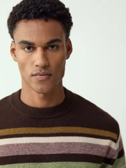 Next Marron/Vert sauge - Pulls Col rond à Rayure confortables Coupe classique en laine Discount