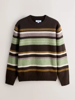 Next Marron/Vert sauge - Pulls Col rond à Rayure confortables Coupe classique en laine Discount