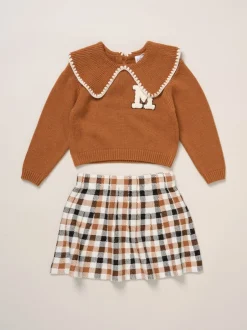 Miss Pull marron en maille véritable avec col tissé et Ensemble jupe à carreaux Hot