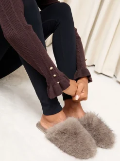 Lipsy Mocha - Chaussons mules en fausse fourrure ultra duveteux à bout fermé pour vêtements de nuit Hot