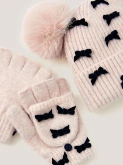 Monsoon ensemble bonnet et gants à pompon avec nœud New