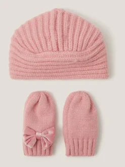 Monsoon Ensemble Bonnet et Mitaines en maille Bébé à nœud Online