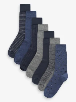 Next - Lot de 7 - Chaussettes riches en coton pour homme Motif Bleu/Gris bleu marine Clearance