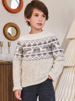 Next Motif Fair Isle Écru - Pull de Noël familial assorti (3mois à16ans) Clearance