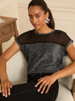 Love & Roses - Haut en satin à manches courtes et col en V Métallisé noir