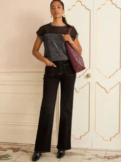 Love & Roses - Haut en satin à manches courtes et col en V Métallisé noir