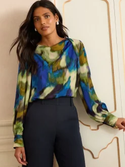 Love & Roses Multicolore - Chemisier en satin à Manches longues et Col bénitier Hot