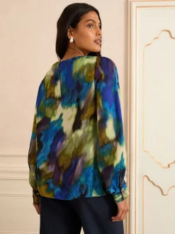 Love & Roses Multicolore - Chemisier en satin à Manches longues et Col bénitier Hot