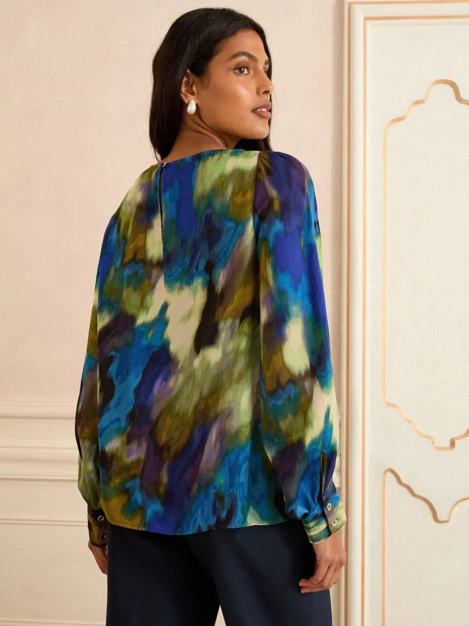 Love & Roses Multicolore - Chemisier en satin à Manches longues et Col bénitier Hot