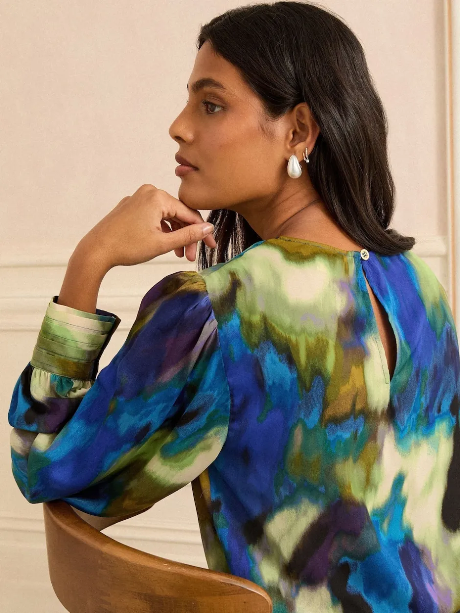 Love & Roses Multicolore - Chemisier en satin à Manches longues et Col bénitier Hot