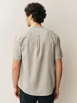 Next neutre - Col grand-père. - Chemise à manches courtes en lin et coton mélangés Clearance