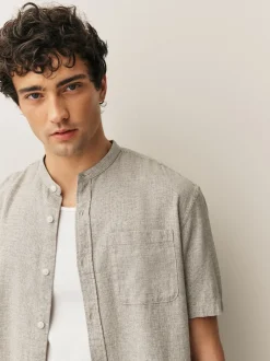 Next neutre - Col grand-père. - Chemise à manches courtes en lin et coton mélangés Clearance