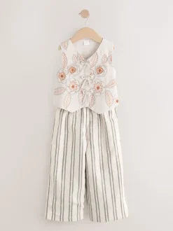 Next neutre - Ensemble gilet brodé et pantalons jambe large (3-16ans) Discount