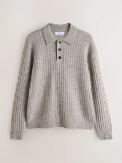 Next neutre - Polo à manches longues en maille côtelée confortable avec laine Hot