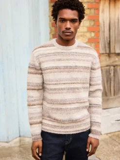 Next neutre - Pull rayure col rond coupe classique avec laine Outlet