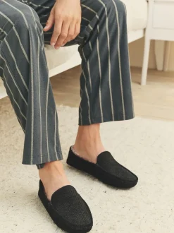 Next Noir - Chaussons mocassins en daim doublés de fausse fourrure Discount