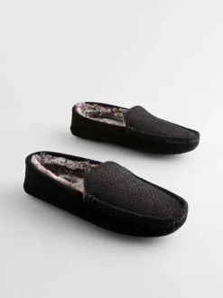 Next Noir - Chaussons mocassins en daim doublés de fausse fourrure Discount