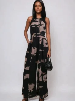 Religion Noir - Combinaison Col rond Jambe large à Imprimé fascinateur abstrait