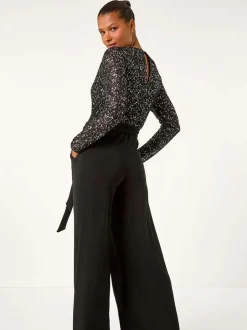 Roman Noir - Combinaison Sequin Wrap Col en V extensible Discount