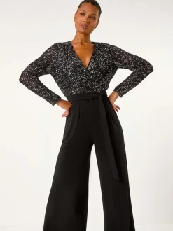 Roman Noir - Combinaison Sequin Wrap Col en V extensible Discount
