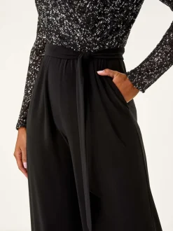 Roman Noir - Combinaison Sequin Wrap Col en V extensible Discount