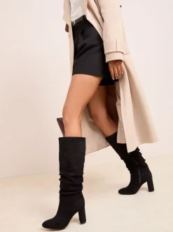 Friends Like These Noir - Bottes hautes longues en faux daim à talon carré froncé Best