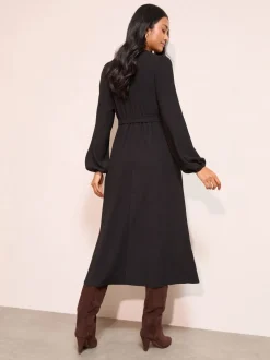 Friends Like These Noir - Robe mi-longue texturée boutonnée à Manches longues Ceinturée Clearance