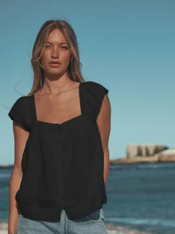 Next Noir - Haut boutonné à manches évasées avec lin Online