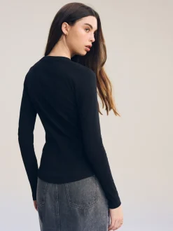 Next - Haut côtelé à manches longues et col ras du cou Noir Sale