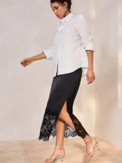 Next Noir - Jupe mi-longue en satin bordée de dentelle Discount