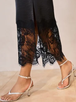 Next Noir - Jupe mi-longue en satin bordée de dentelle Discount