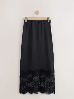 Next Noir - Jupe mi-longue en satin bordée de dentelle Discount