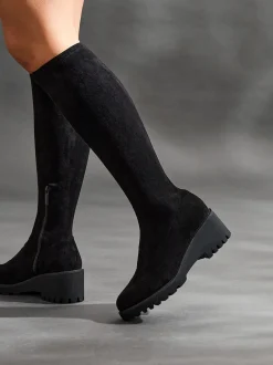Linzi Noir - Bottes hautes Kortina marron en daim avec talon compensé Discount