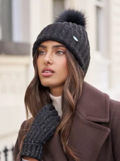 Lipsy - Chapeau à pompon côtelé scintillant Noir Outlet