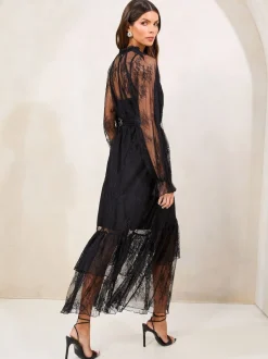 Lipsy Noir - Lace Volants Manches longues Mi-long Robe Online