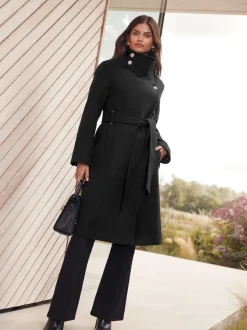 Lipsy Noir - Manteau asymétrique à col cheminée ceinturé Hot